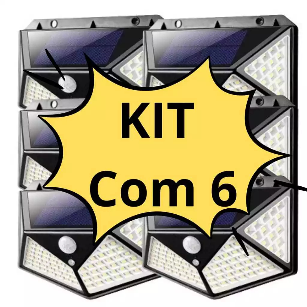 KIT COM 6 Luminárias 100 LED Parede Solar Com Sensor Jardim Externa Prova D'água Refletor ...
