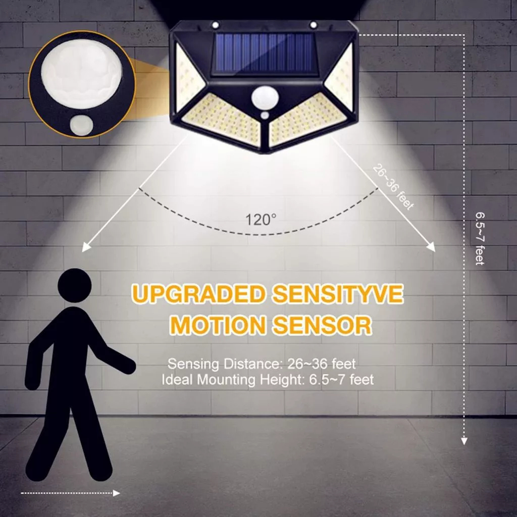 Luminária Energia Solar Parede 100 Led Sensor Presença 3 Funções Lampada Jardim Prova D'água refletor para jardim