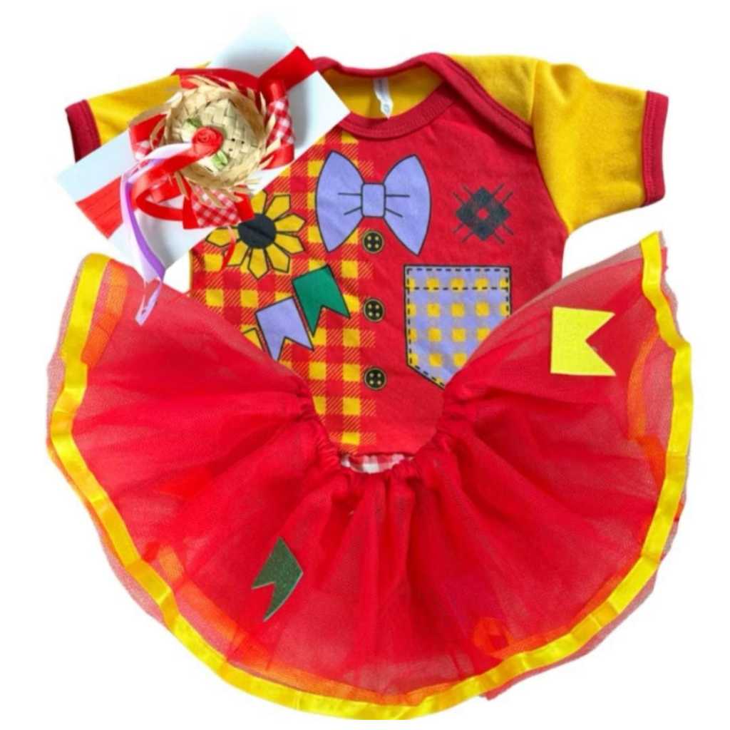 Fantasia Bebê Menina Festa Junina Arraiá Caipira Mesversário Body Temático + Saia Tule Roupa Bebê Ensaio Fotográfico