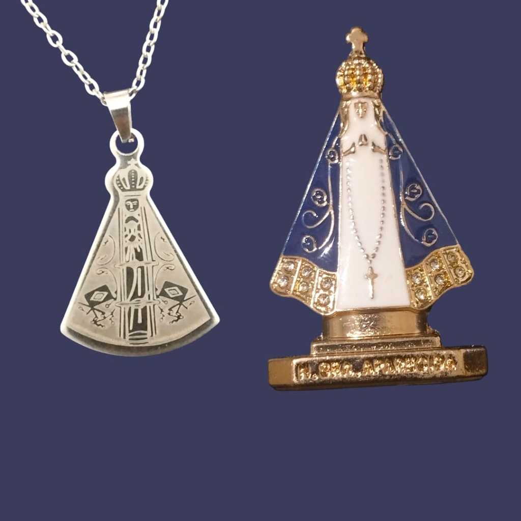 kit Colar Corrente Pingente Nossa Senhora Aparecida + Imagem Nossa Senhora Aparecida Metal Carro Adesivo Dupla