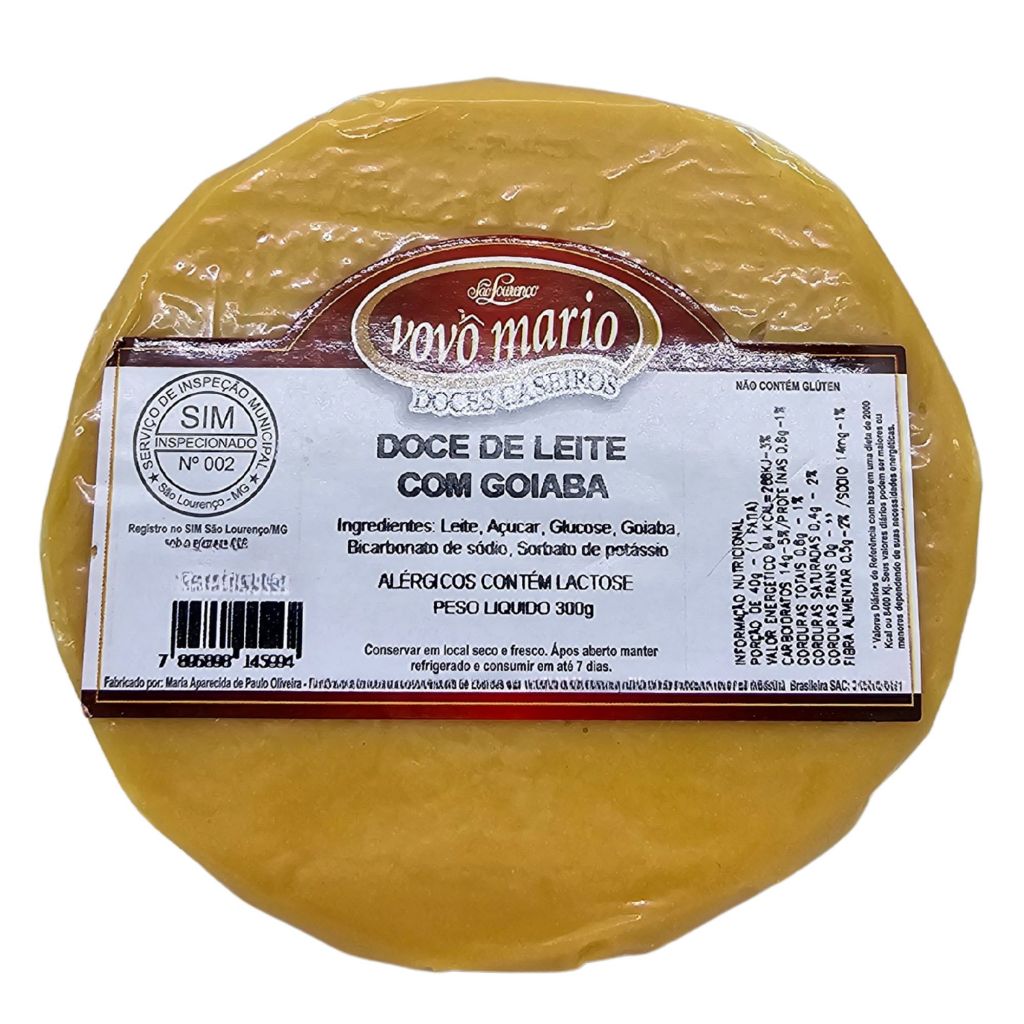 Doce de Leite com Goiaba em Tablete com Açúcar (Tradicional) sem Glúten 300g Doce Vovô Mário
