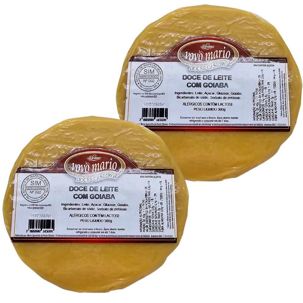 Doce de Leite com Goiaba em Tablete com Açúcar (Tradicional) sem Glúten 300g Doce Vovô Mário Kit 2un