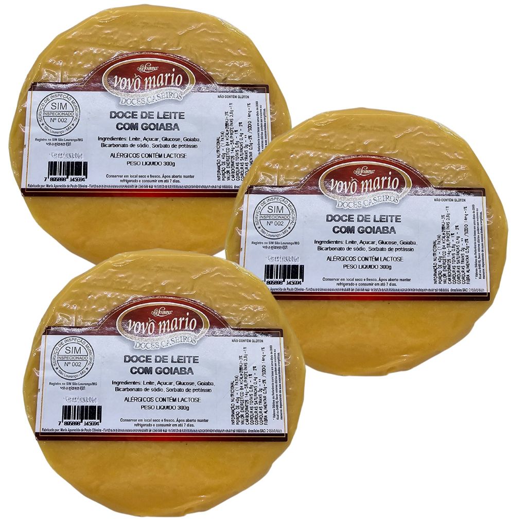 Doce de Leite com Goiaba em Tablete com Açúcar (Tradicional) sem Glúten 300g Doce Vovô Mário kIT 3UN