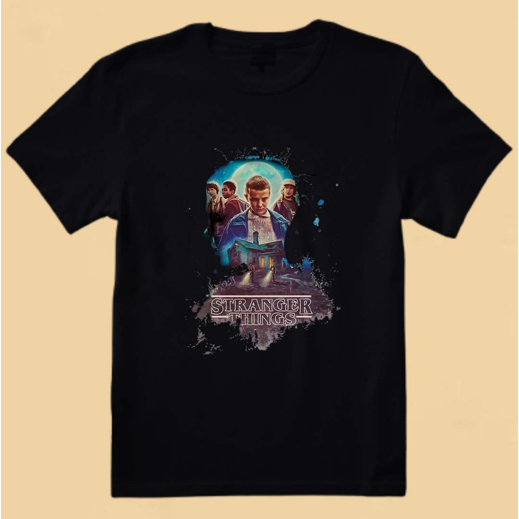 camiseta preta algodão Stranger Things: The Experience série de televisão via streaming estadunidense dos gêneros ficção