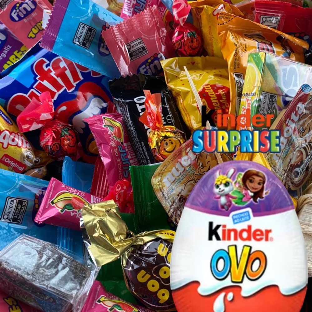 CAIXA DE GULOSEIMAS COM 60 ITENS VARIADOS ENTRE KINDER OVO BOMBONS BALAS FINI SALGADINHO ELMA CHIPS MENTOS CHOCOLATES