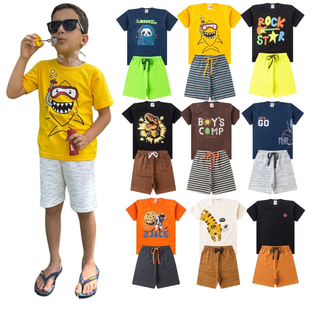Kit 10 Peças sortido de Roupas Infantil Menino 5 Camisas + 5 Bermudas Masc Bebê Tam 1 ao 1...