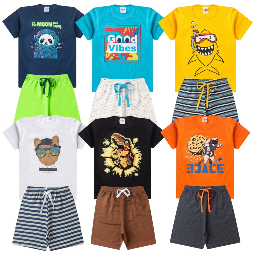 Kit Sortido 6 Peças de Roupa Infantil Menino 3 Camisetas + 3 Bermudas Combo bebê e Infantil em Oferta na Shopee