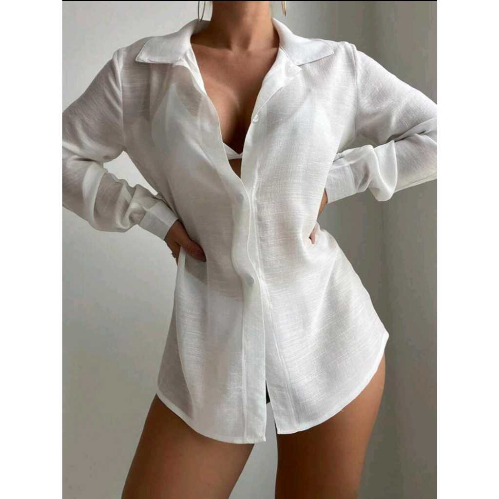 Chamise Feminina Saída de Praia Max Camisa com Botão Manga Longa Blusão  Kimono Moda Verão