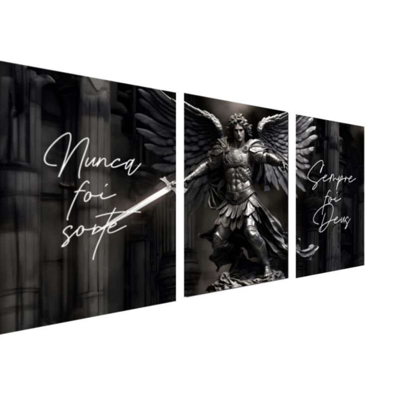 Quadro Decorativo Anjo Nunca Foi Sorte Sempre Foi Deus 3 Peças Religioso em mdf