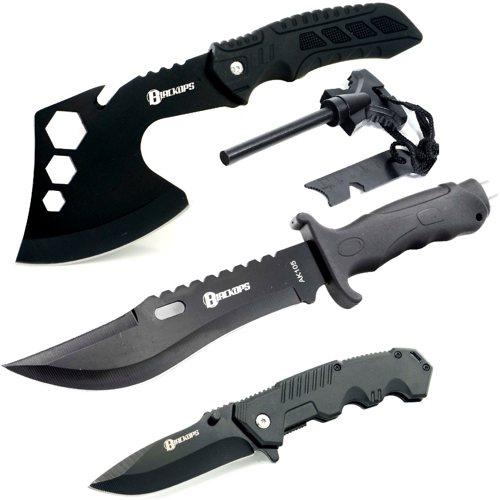 Machado Tático Viking Militar Camping Sobrevivência K-A03+Faca AK-105+Canivete Tático+ Pederneira