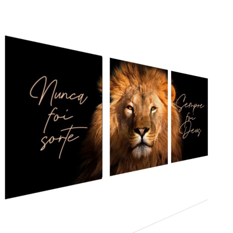 Quadro Decorativo Leão De Judá Rei Nunca Foi Sorte Sempre Foi Deus 3 Peças Religioso Decoração de Quarto Sala em mdf