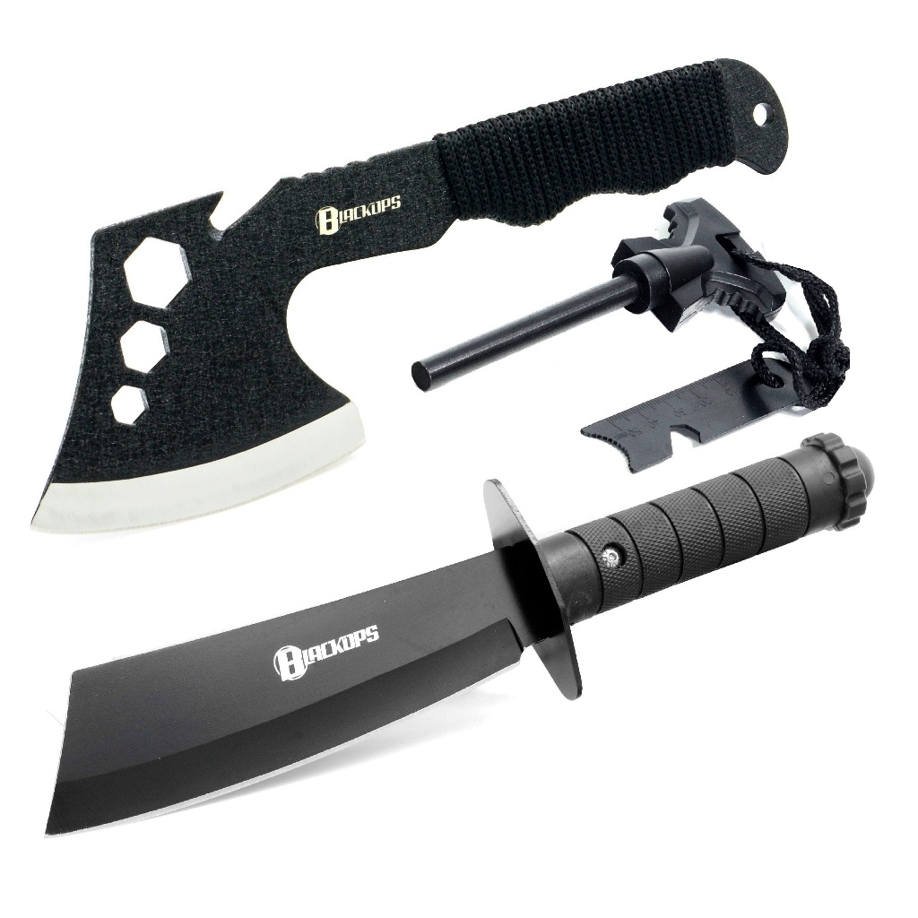 Machado Tático Viking Aço Militar Camping Sobrevivência K-A01+Faca THY-12 +Pederneira Black Ops