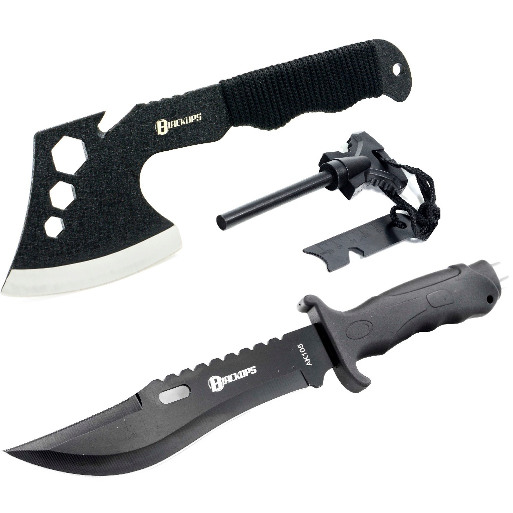 Machado Tático Viking Militar Camping Sobrevivência K-A01+Faca Tática AK-105+ Pederneira Black Ops