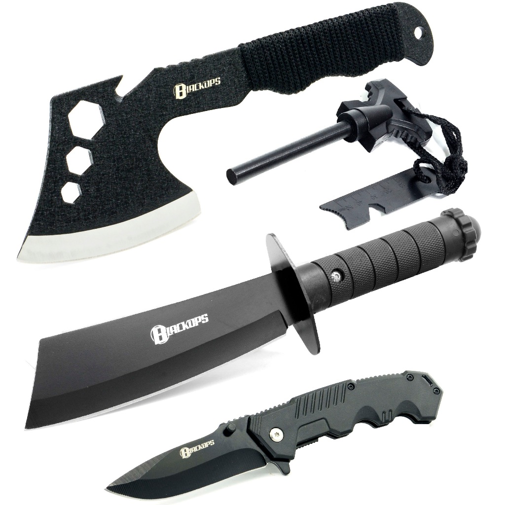 Machado Tático Viking Camping Sobrevivênc K-A01+Faca THY-12+Pederneira+Canivete Semi Automático KN-1