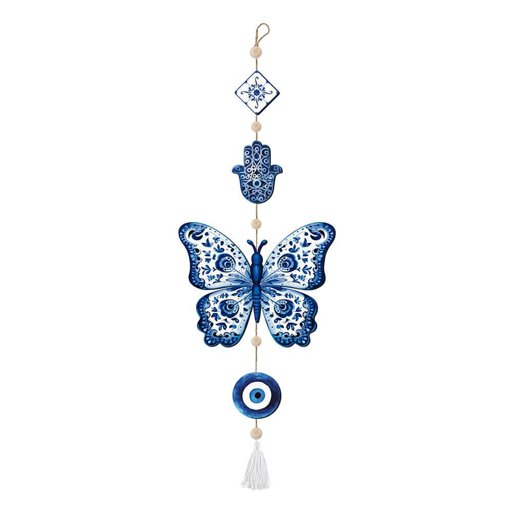 Placa Decorativa - Borboleta Azul com Olho Grego e Mão de Hamsa