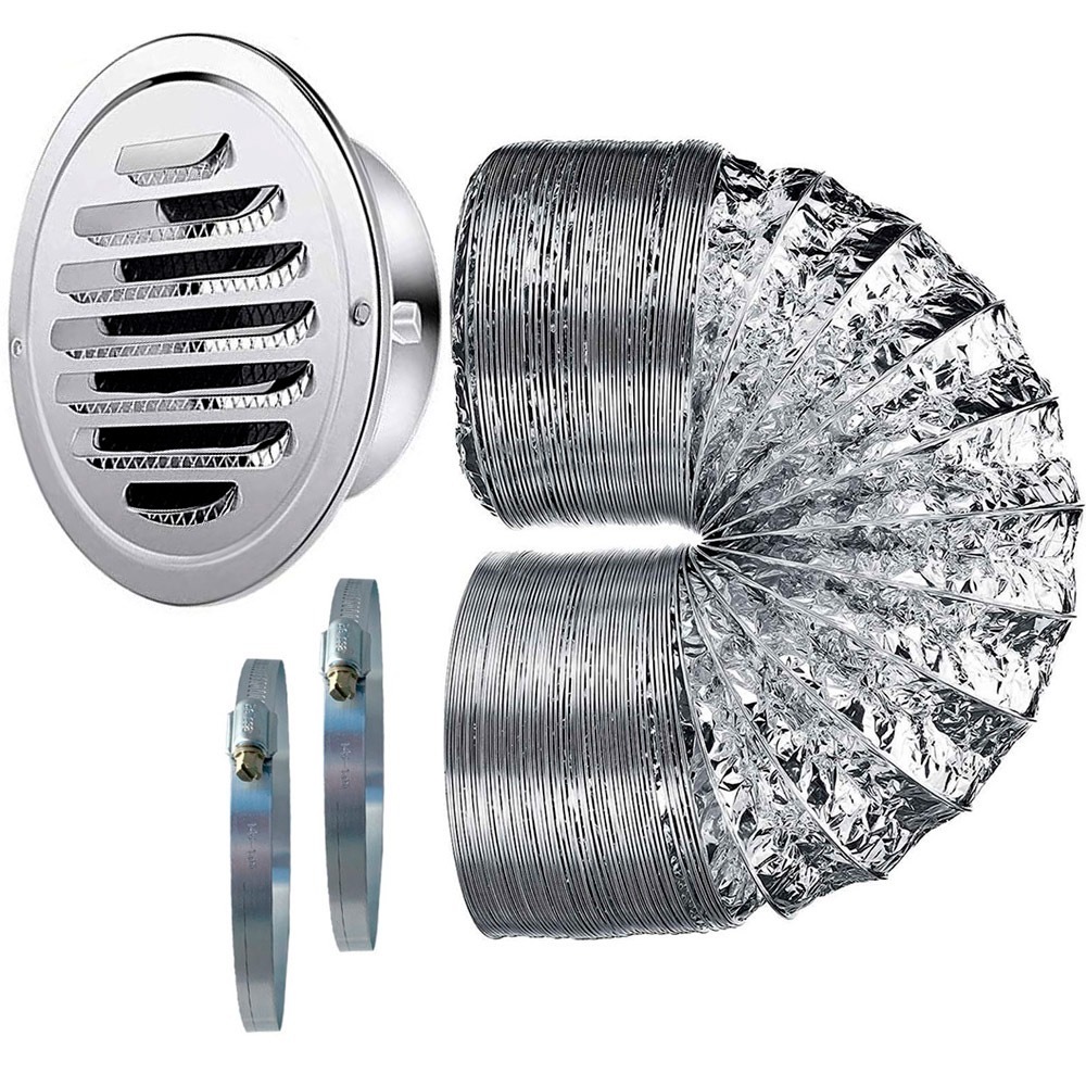 Imagem Veneziana Grade 100mm em Aço Inox com Tubo Duto Para Saída Ar Quente Secadora Exaustor Depurador Trailer Motor Home