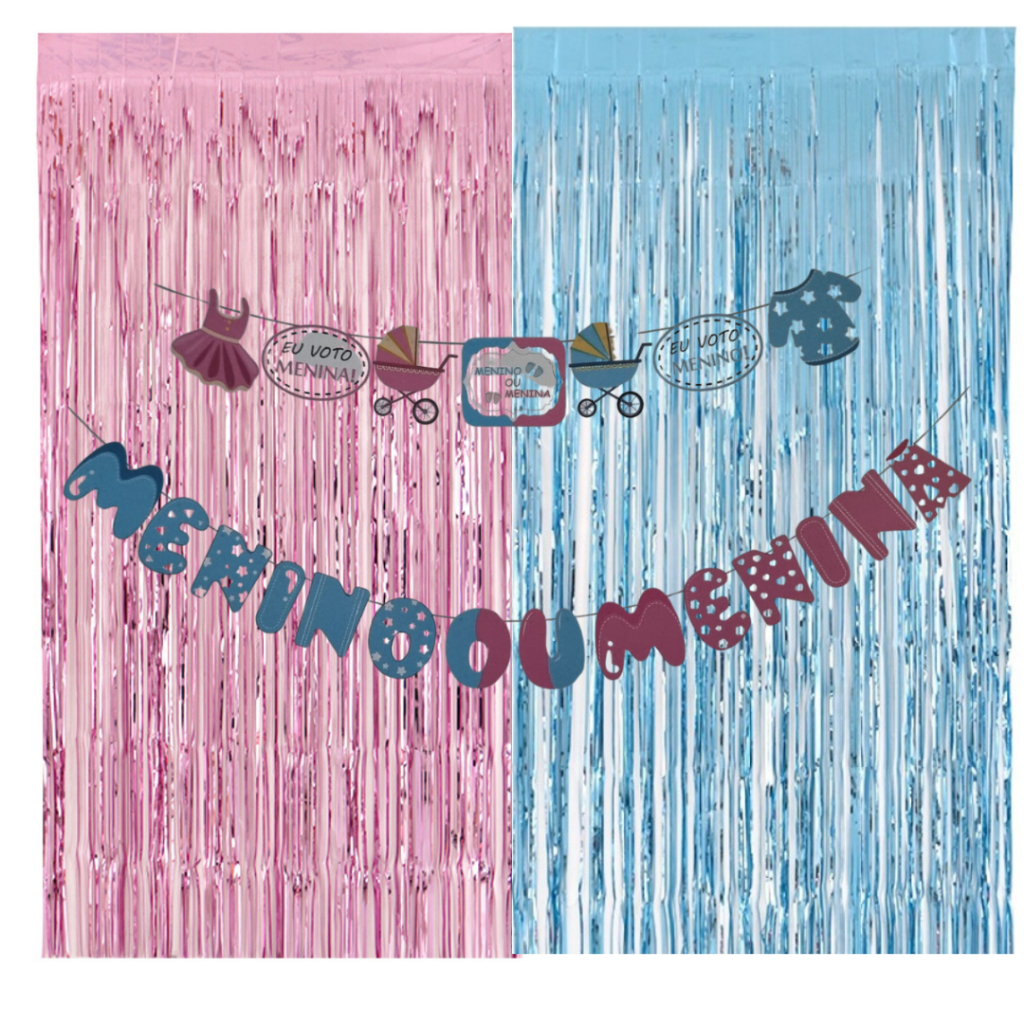 Kit Chá Revelação Cortina Fita Franja Metalizada Azul Bebê + Rosa Bebê + Cortina Nomes Menino ou Menina