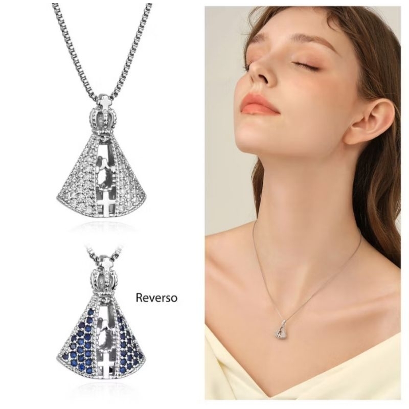 Colar Nossa Senhora Aparecida Duplo Face Micro Zircônia Cristal e Azul Folheado a Prata 925 e ouro 18k
