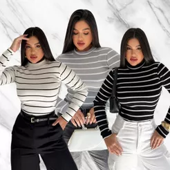 Blusa Manga Longa Gola Alta Feminino Básica Casual Ribana Canelada Outono Inverno Cacharrel