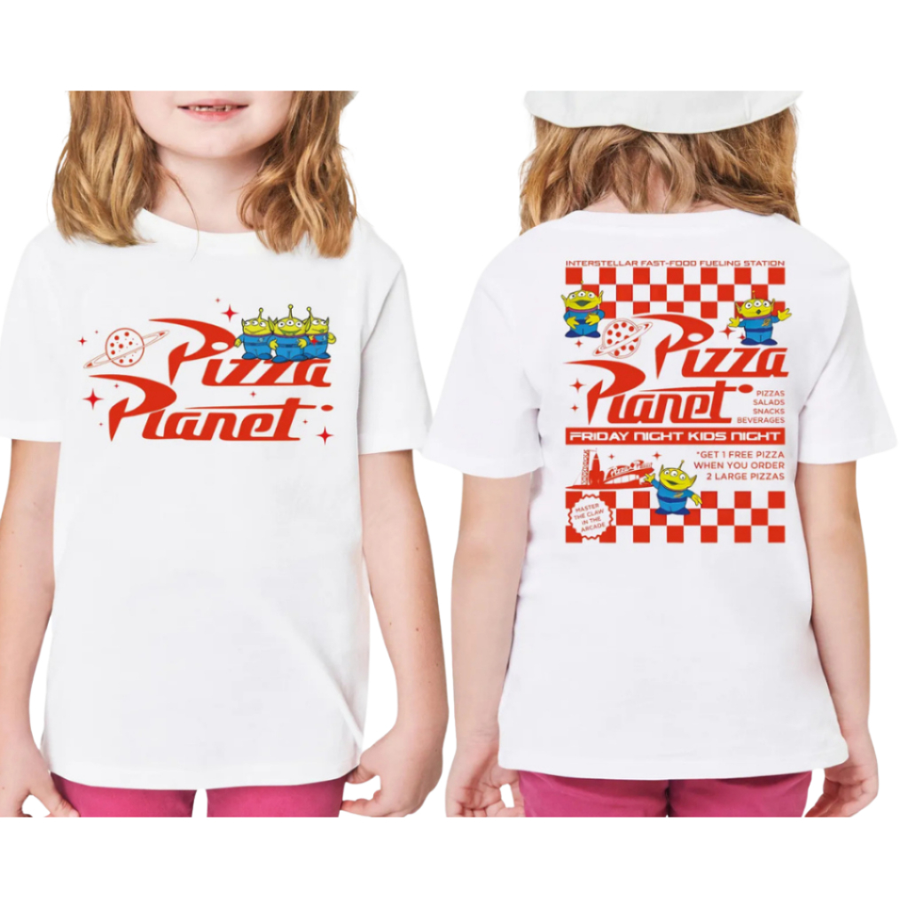 Camiseta Infantil Menina e Menino Aliens Pizza Planet, Toy Story Alien, Blusa, Blusinha Frente e Costas