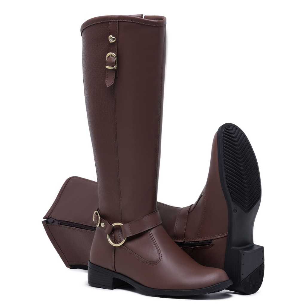 Bota Feminina Montaria Cores Com Fivela Confortável Casual Cano Alto Com Zíper Lateral em Oferta na Shopee