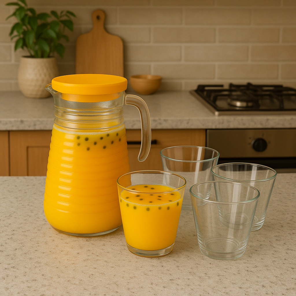 Jarra de Vidro 900 ml com Tampa + 4 Copos – Conjunto Elegante para Servir bebidas em geral
