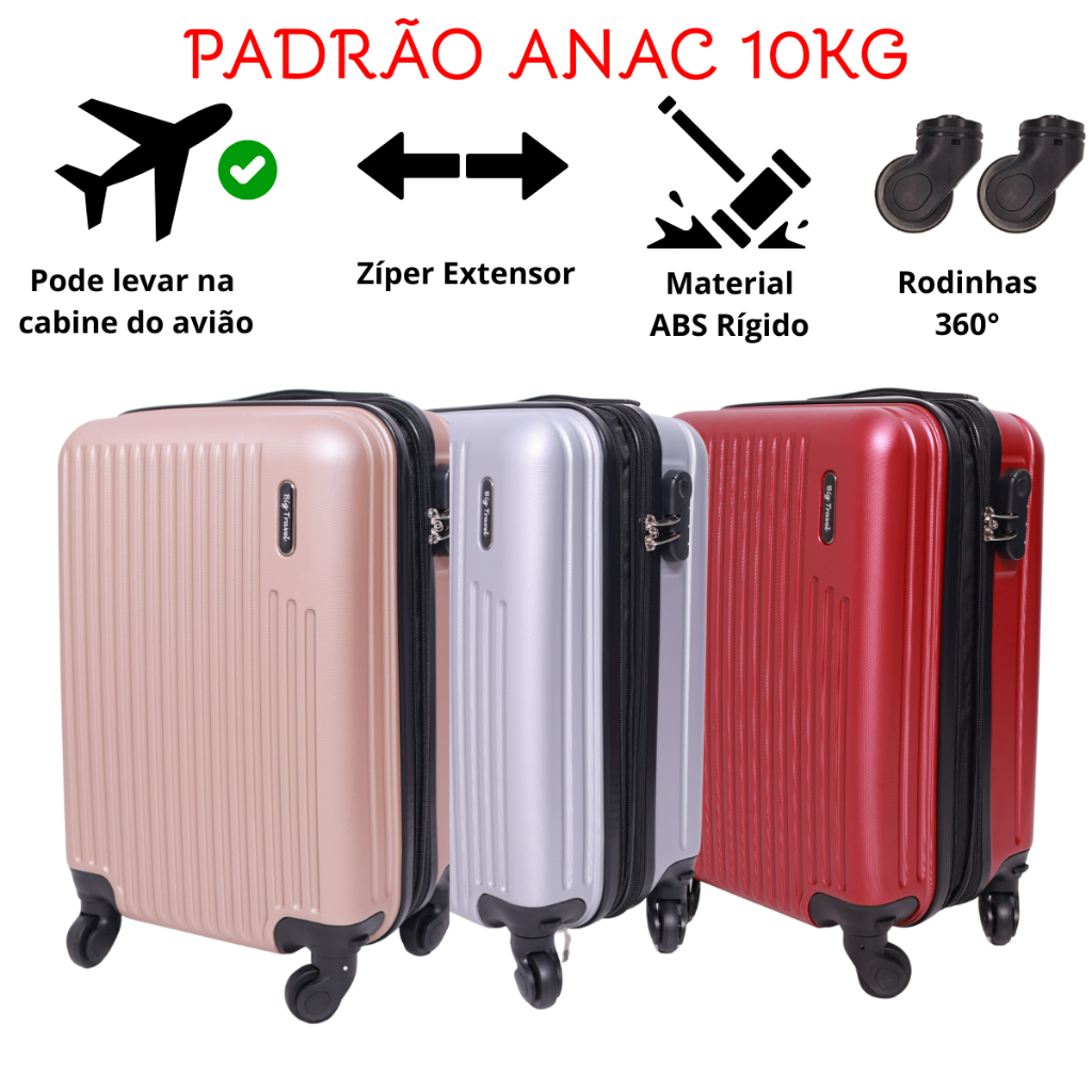 Mala Viagem 10kg Cabine com Extensor Bordo Anac Cadeado Giratória