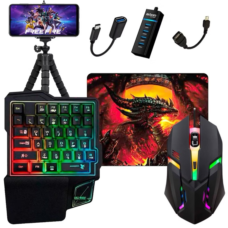 Kit Mobilador Gamer Completo One Hand Uma Mao Otg Tipo C + Otg Micro 7 Peças