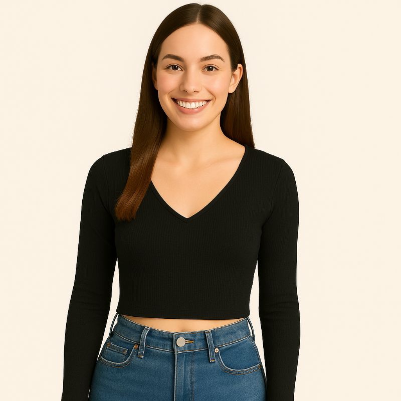 Cropped Manga longa  Gola V Ribana canelada é bonita