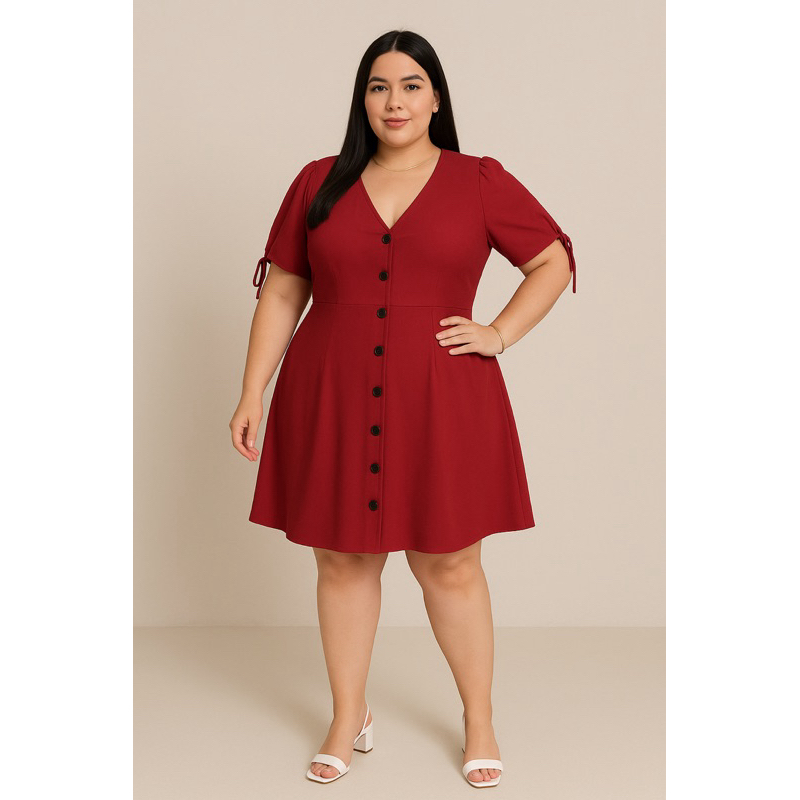 Vestido Plus Size com Botões Frontais | Manga Bufante e Decote V – Elegante e Confortável