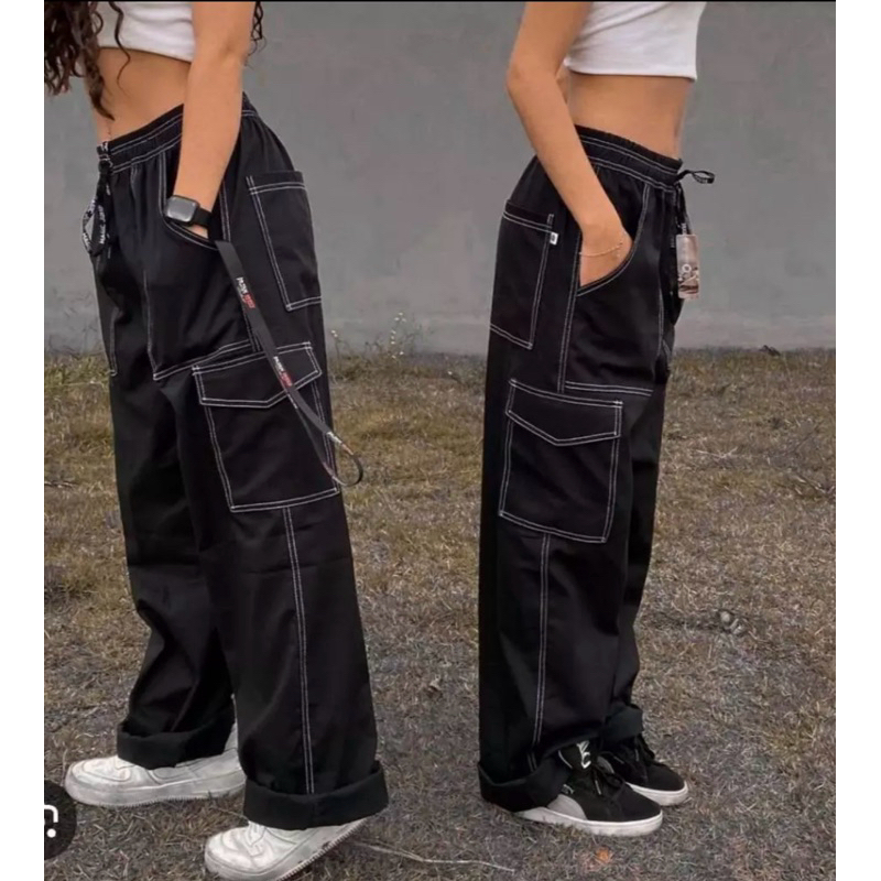 Calça Cargo Feminina Sarja Boca Larga StreetWear  - ENVIO IMEDIATO em Oferta na Shopee