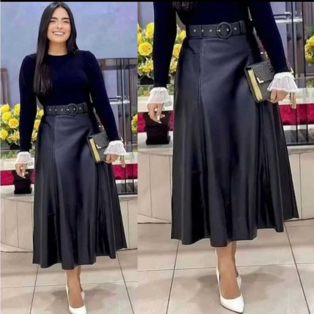 Saia Feminina Evangélica Godê–Uma peça sofisticada feita de couro, Com Zíper Lateral em Oferta na Shopee