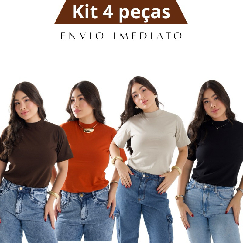 T-shirt gola alta kit 4 T-shirts lisa Gola Alta malha Menegotti 100% algodão basic essencial roupa feminina look básico
