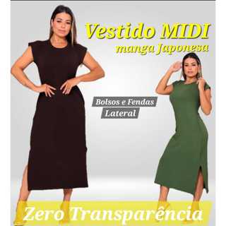 Vestido Mídi Moletinho Com Fendas Lateral Manga Japonesa tendência 2025 Vestido Feminina Casual Mídi