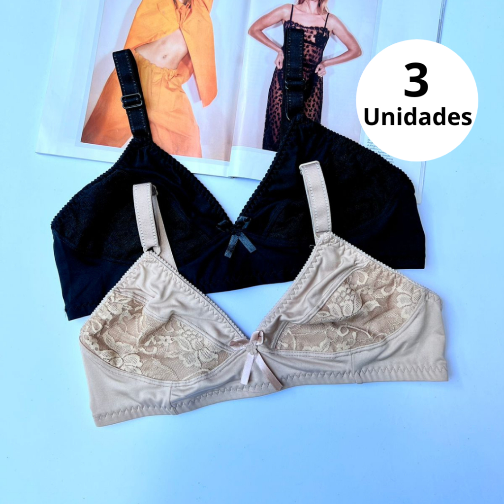 KIT 3 Sutiã Sem Bojo Reforçado Alça Regulável Soutien Microfibra com Renda