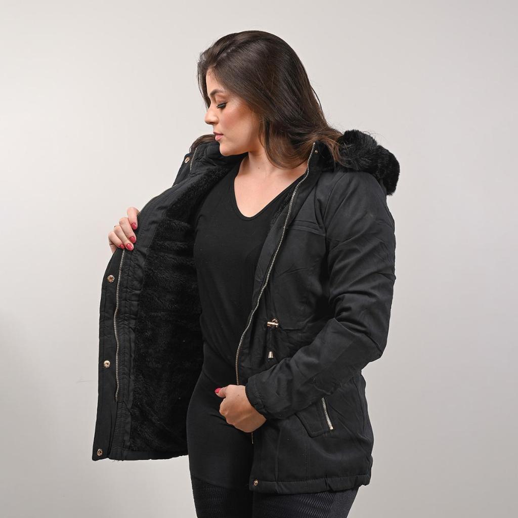 Sobretudo Casaco Feminino Parka Forro Pelo Pelinhos Capuz Zíper