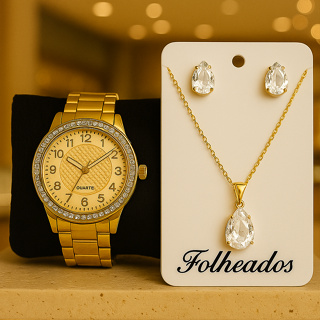 Relogio feminino a prova d’água DHP kit de colar e brinco folheado em Oferta na Shopee