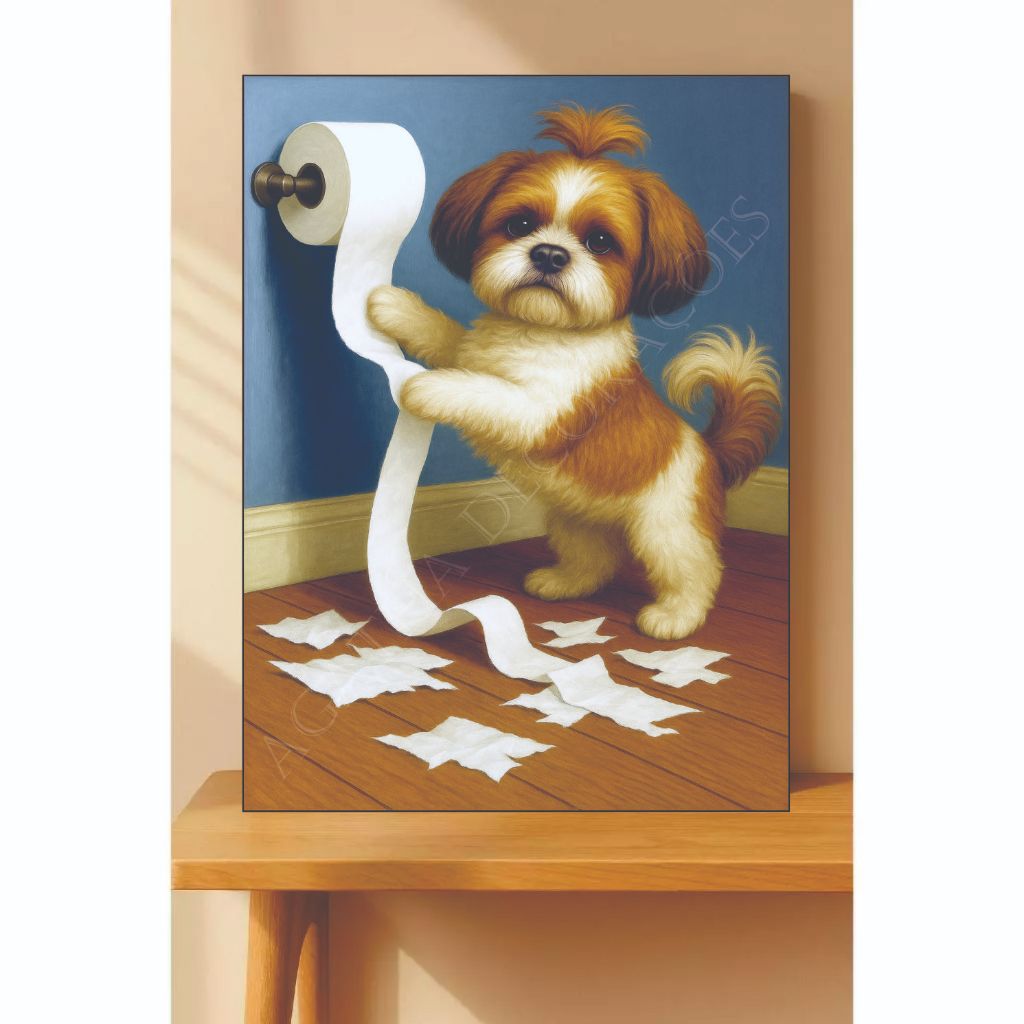 Quadro decorativo shihz tzu no banheiro premium pet shop cachorro raça cão peludo melhor amigo sala