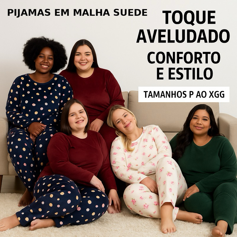 Pijama Longo Feminino Suede meia estação Estampado Linha Noite Pijama de Frio Calça e Blusa em Oferta na Shopee