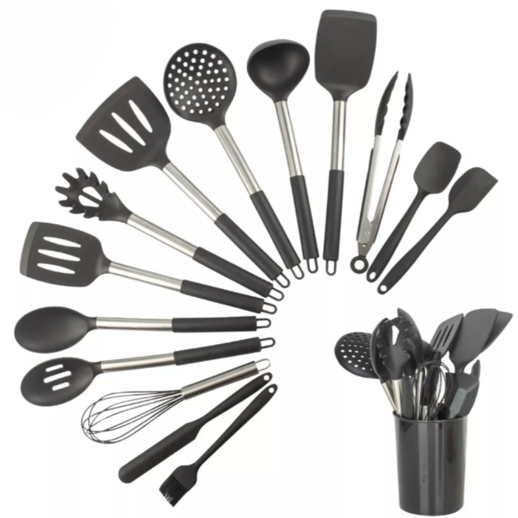 Kit Utensílios Cozinha Silicone Cabo Aço Inox - Alta Qualidade