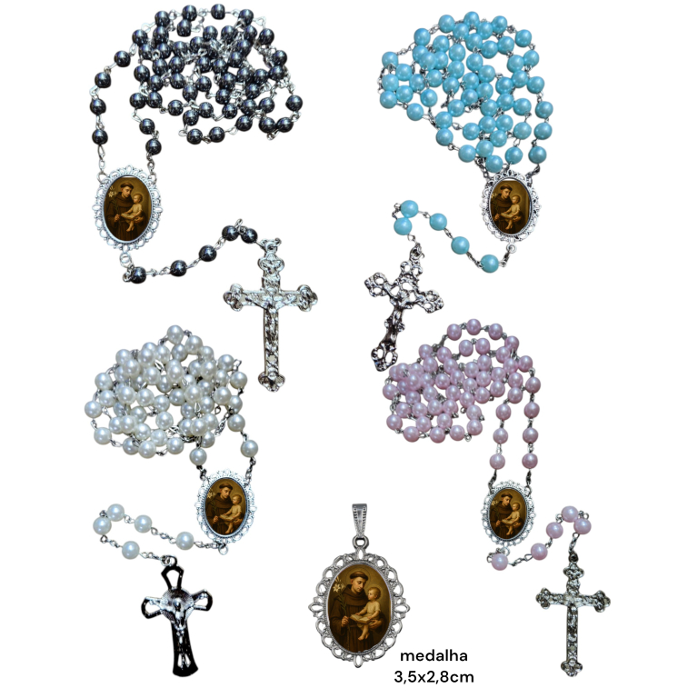 Terço luxo perola ou hematita santo agostinho antonio sao joao batista da cruz apostolo são pedro modelos cores