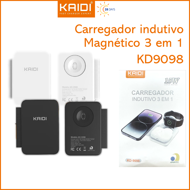 Carregador Indutivo 3 em 1 sem fio Dobrável 15W Kaidi KD-9098