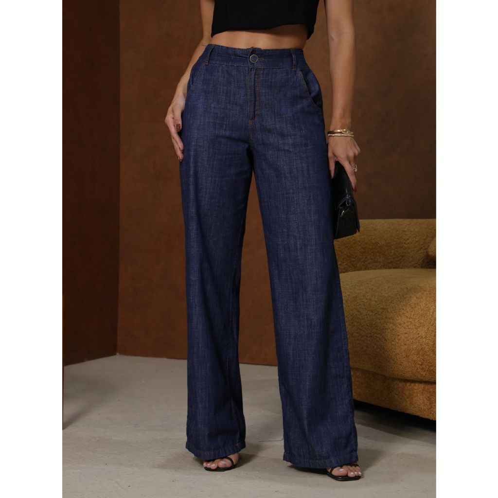Calça Jeans Feminina Wide Leg Cintura Alta Elastico Na Cintura e Bolsos
