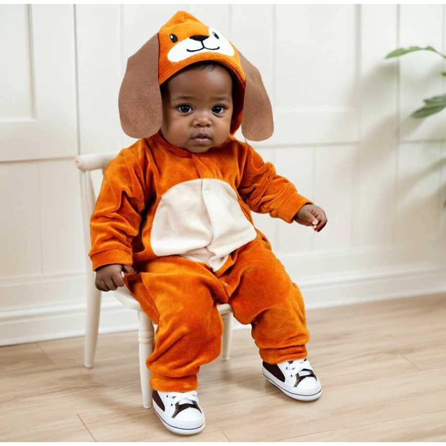 Macacão de Bebê em Plush com Capuz Bordado Animais Cãozinho Caramelo Inverno