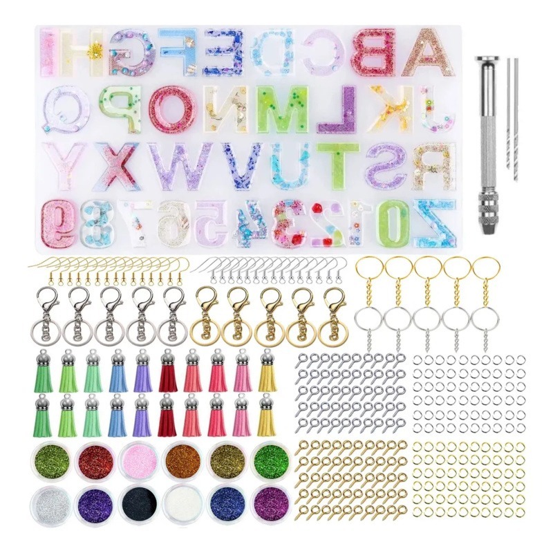 307 Pcs Alfabeto Moldes De Silicone Epóxi Resina Letras Número Kit Molde Forma de para Chaveiro DIY Reversa Para Faz