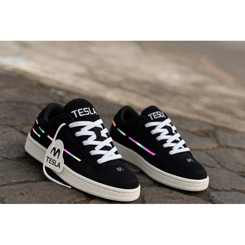 Tênis Tesla Coil Black White Refletivel Furta Cor Feminino Masculino Unissex Skate Skatista Lançamento Envio Imediato