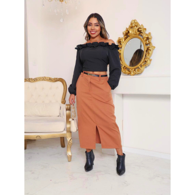 Saia Midi Alfaiataria con cinto e com Bolso frontal e Fenda Frontal — Tecido Confortável Elegante e Versatil.