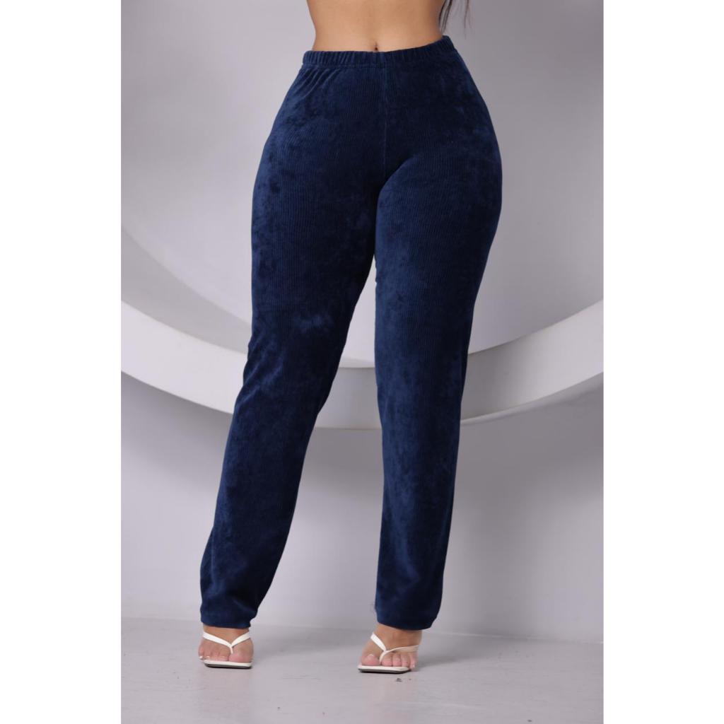 Calça Reta Feminina de Veludo Cotelê Cintura Alta e Confortável em Oferta na Shopee