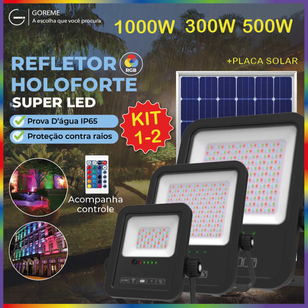 Holofote Refletor Led RGB 1000W 500W 300W Solar Prova D'àgua placa Solar p/ Ambientes Externos em Oferta na Shopee