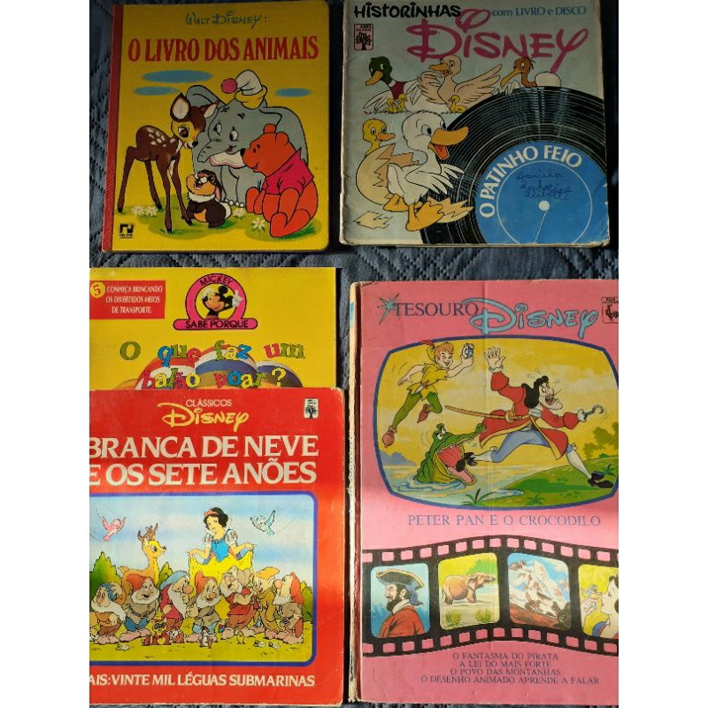 Lote 5 Livros Disney: Animais, Patinho Feio, Branca de Neve, Peter Pan e Mickey - Ed Abril-1969/2009